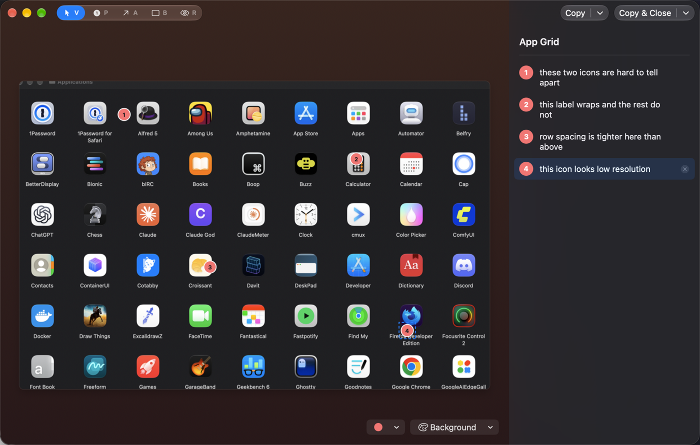 The editor window: a toolbar with Select, Pin, Arrow, Box and Redact tools and their shortcut keys, the captured Finder window on a warm dark background with four numbered red markers, a marker colour and Background picker at the bottom, and a legend panel on the right headed App Grid with a typed description against each number and Copy and Copy & Close buttons above it.