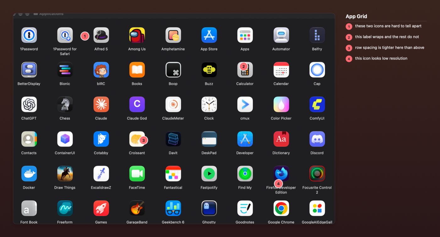 The exported image: a Finder window of app icons on a warm dark background. Four red numbered markers sit on the icons, and a legend on the right headed App Grid reads 1 these two icons are hard to tell apart, 2 this label wraps and the rest do not, 3 row spacing is tighter here than above, 4 this icon looks low resolution.